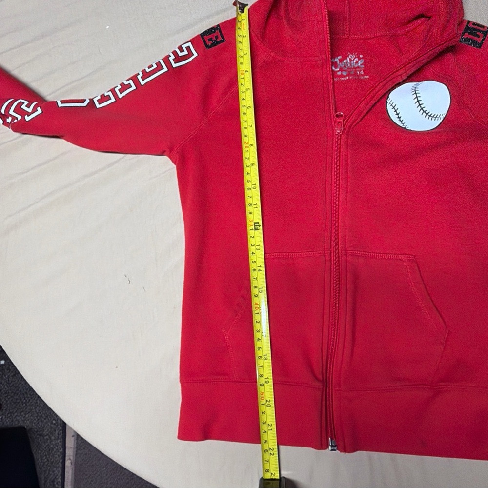 Justice Red Zip Hoodie with Baseball Patch